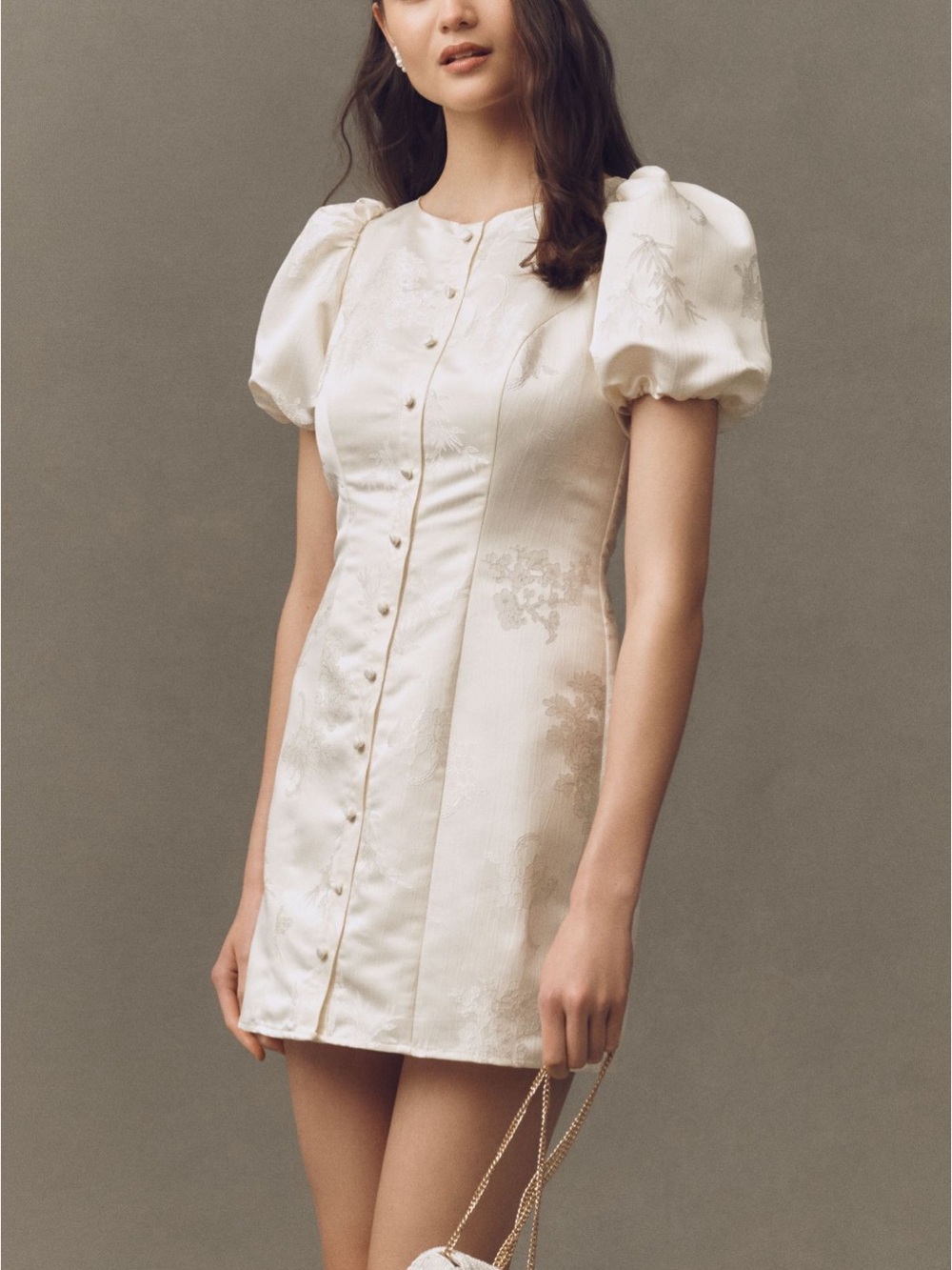 Hutch Ivory Puff-Sleeve Button-Front Mini Dress